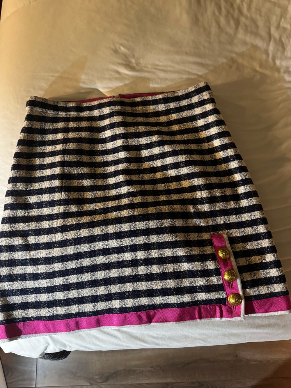 J. Crew Blue and White stripe with hot pink trim and gold button Mini Skirt